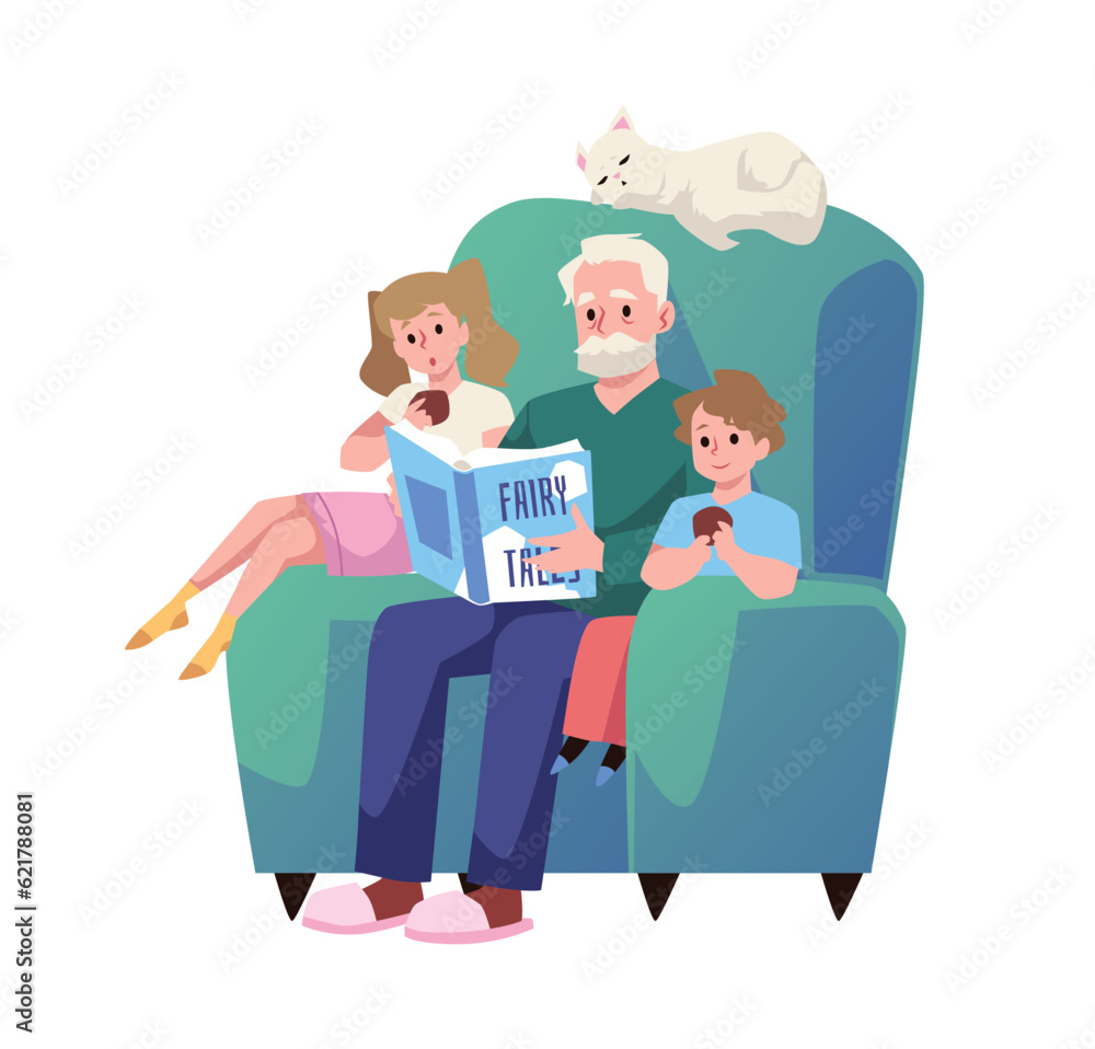 Bearded grandfather sits in big armchair with children and reads fairy tale flat style Bearded grandfather sits in big armchair with children and reads fairy tale flat style