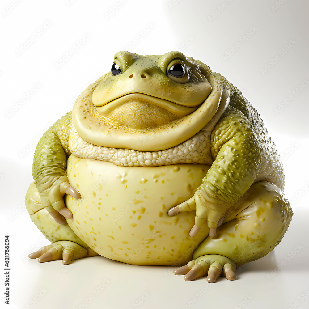 A big fat green toad with a spherical belly sits on the floor
