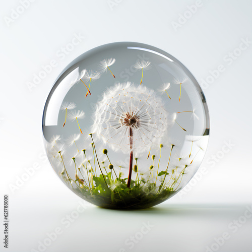 Obraz na płótnie A beautiful dandelion with grass in a glass ball with smooth shadow w salonie