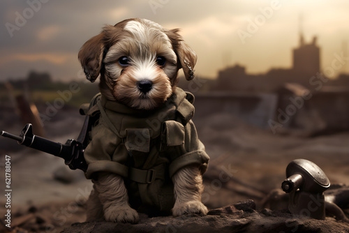 portrait of puppy soldier on the battlefield © sam