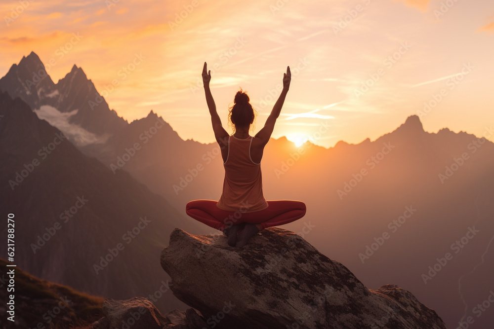 Illustration depicting a woman gracefully practicing yoga on a majestic mountain at sunset. Woman asana position on a mountain top. Ai generated