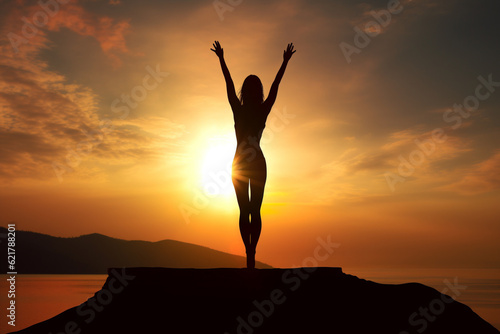 Illustration depicting a woman gracefully practicing yoga on a majestic mountain at sunset. Woman asana position on a mountain top. Ai generated