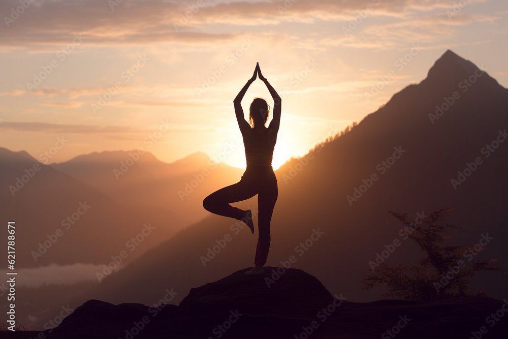 Illustration depicting a woman gracefully practicing yoga on a majestic mountain at sunset. Woman asana position on a mountain top. Ai generated Illustration depicting a woman gracefully practicing yoga on a majestic mountain at sunset. Woman asana position on a mountain top. Ai generated