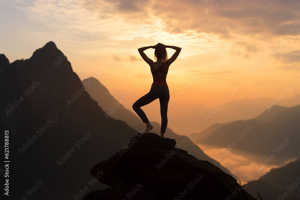 Illustration depicting a woman gracefully practicing yoga on a majestic mountain at sunset. Woman asana position on a mountain top. Ai generated Illustration depicting a woman gracefully practicing yoga on a majestic mountain at sunset. Woman asana position on a mountain top. Ai generated