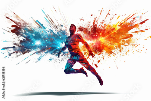 Running man silhouette crafted entirely from vibrant and colorful triangles and a splash of colors, creating a dynamic prism effect against a clean white background. Ai generated © twindesigner