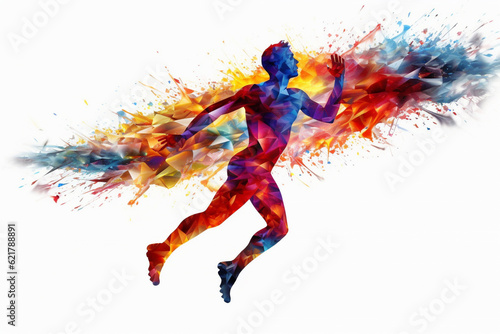 Running man silhouette crafted entirely from vibrant and colorful triangles and a splash of colors  creating a dynamic prism effect against a clean white background. Ai generated