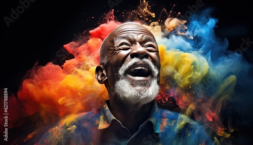 Happy black old man smiling in a cloud of colorful smoke, color explosion, holi, age-positivity, against ageism, having fun, over 50, colors, party, peace, inclusive, freedom. Generative AI.