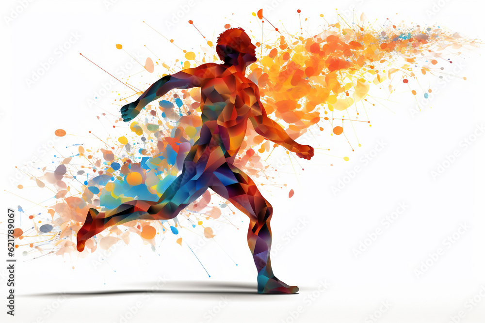 Running man silhouette crafted entirely from vibrant and colorful triangles and a splash of colors, creating a dynamic prism effect against a clean white background. Ai generated Running man silhouette crafted entirely from vibrant and colorful triangles and a splash of colors, creating a dynamic prism effect against a clean white background. Ai generated