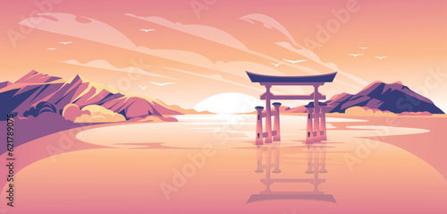 sunset landscape with japanese torii in water and mountains. Pink, orange and purple gradient. Vector illustration