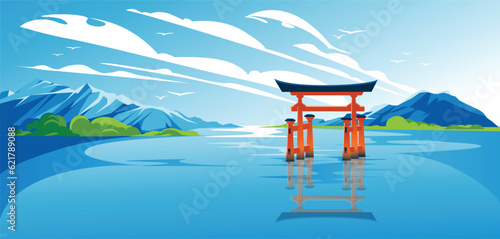 red Japanese torii on blue water among mountains. Vector landscape