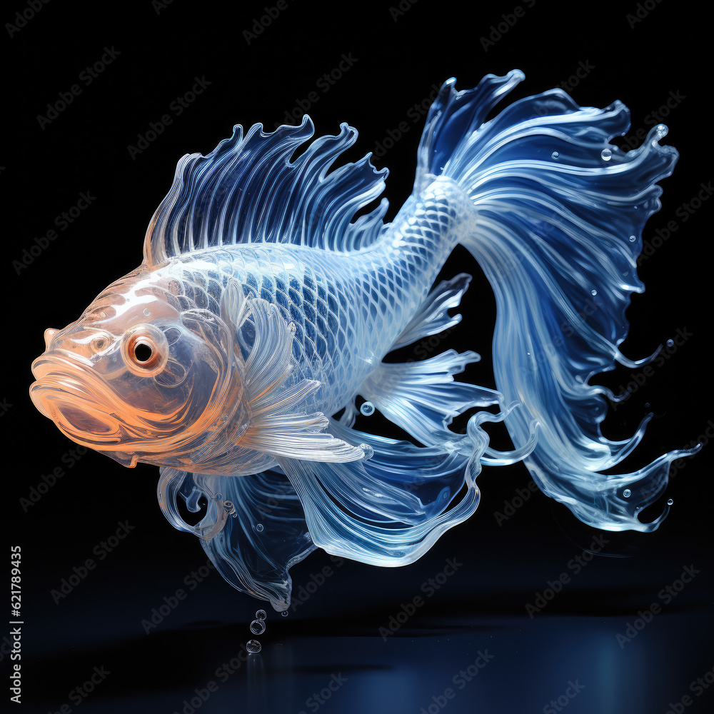 Fototapeta premium art painting with jumping koi fish floating with white and blue light lines created with Generative AI Technology