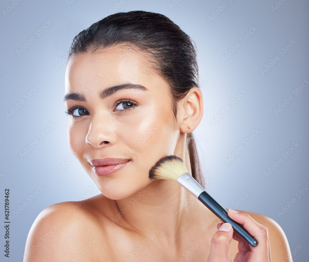 Makeup, brush and asian woman portrait in studio with cheek tool, cosmetics or application on grey background. Face, shade and lady wellness model with beauty, glamour or contour, results or cover