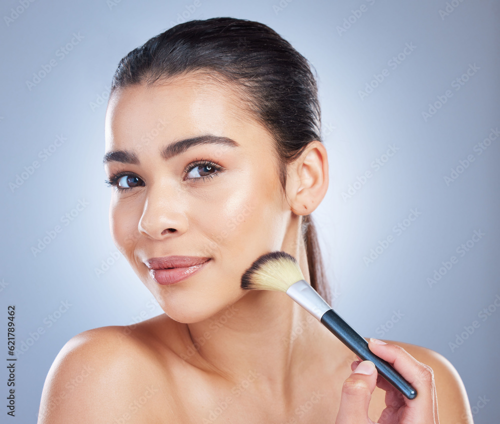 Makeup, brush and asian woman portrait in studio with cheek tool, cosmetics or application on grey background. Face, shade and lady wellness model with beauty, glamour or contour, results or cover Makeup, brush and asian woman portrait in studio with cheek tool, cosmetics or application on grey background. Face, shade and lady wellness model with beauty, glamour or contour, results or cover