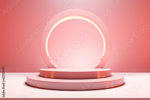 Minimal product podium stage with ring light pastel pink coral color and geometric hexagon shape for presentation background. 