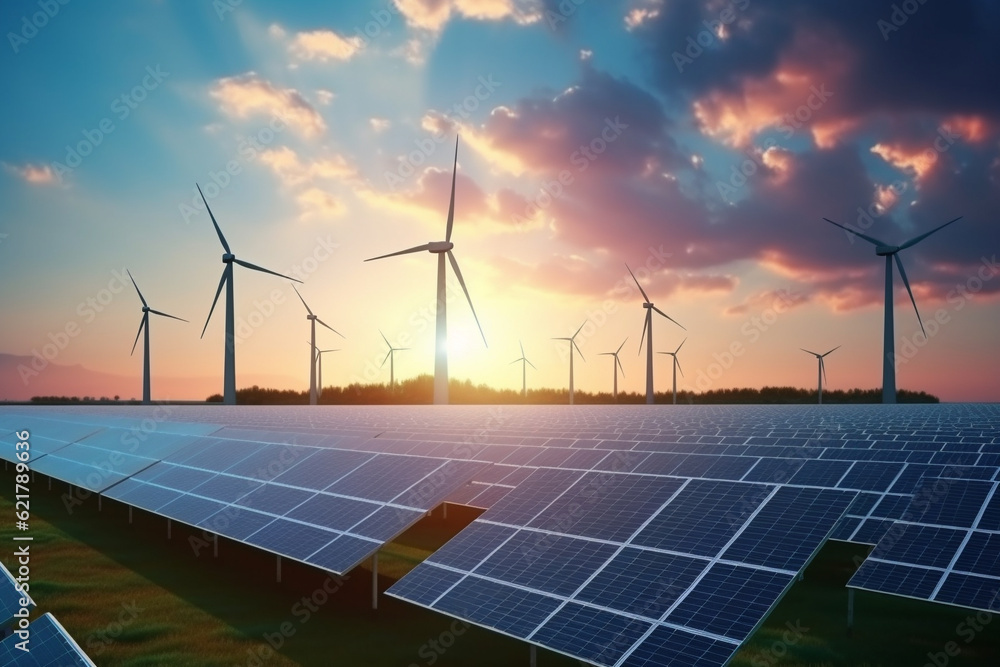 Solar panels and wind turbines illustration, symbolizing the renewable energy revolution and our collective commitment to a greener and cleaner world. Ai generated Solar panels and wind turbines illustration, symbolizing the renewable energy revolution and our collective commitment to a greener and cleaner world. Ai generated