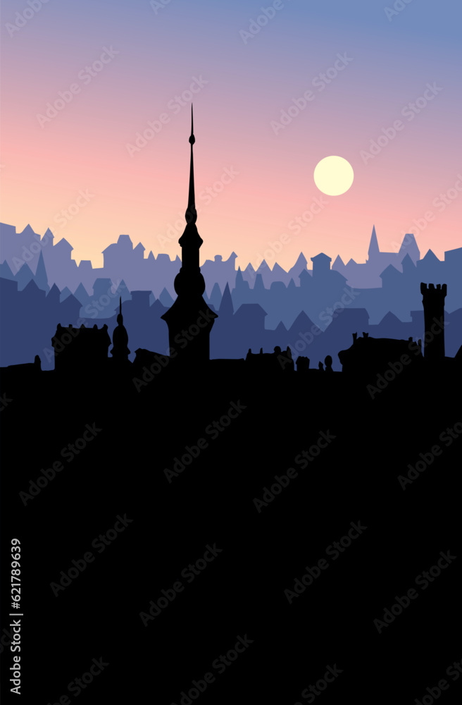 Vector drawing. Medieval cathedral in the center of the city square