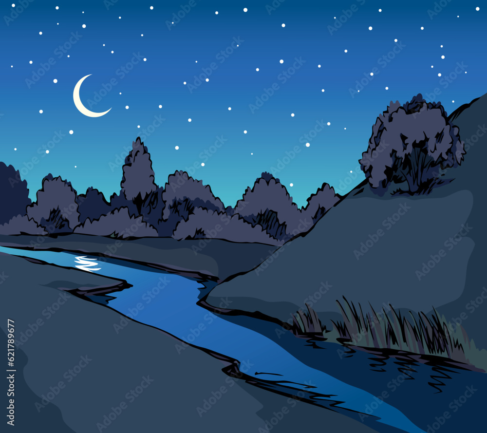Obraz premium Vector drawing. Summer river scene