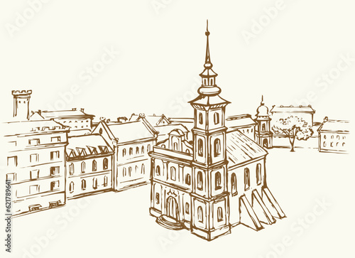 Vector drawing. Medieval cathedral in the center of the city square