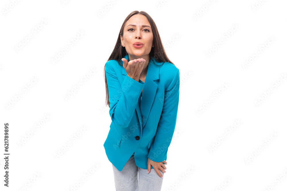 young confident pretty brunette leader woman with long hair in a blue jacket young confident pretty brunette leader woman with long hair in a blue jacket