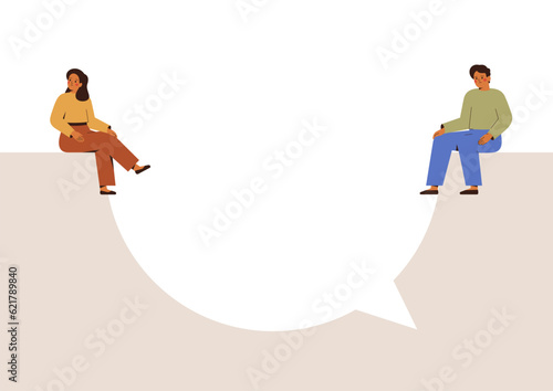 Man and woman sit apart and can't agree. Misunderstanding in the family. young couple, colleagues or friends have difficulty communicating with each other.Big speech bubble separates sad people.Vector