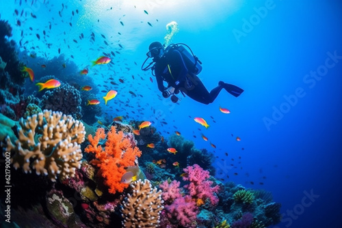 Scuba diving man exploring a breathtaking coral reef teeming with vibrant marine life  offering a captivating glimpse into the rich biodiversity and beauty of the ocean. Ai generated