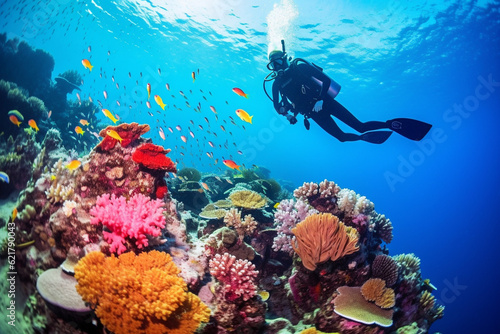 Scuba diving man exploring a breathtaking coral reef teeming with vibrant marine life, offering a captivating glimpse into the rich biodiversity and beauty of the ocean. Ai generated