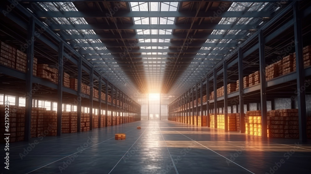 Large industrial warehouse. Tall racks completely filled with boxes and containers. Cardboard boxes on pallets. Daylight fills the room through the windows. Global logistic concept. 3D illustration.