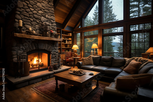 A cozy living room with fireplace on the background of a mountain landscape AI Generative © Thararat