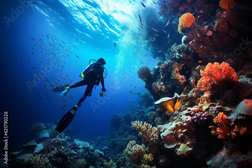 Scuba diving man exploring a breathtaking coral reef teeming with vibrant marine life, offering a captivating glimpse into the rich biodiversity and beauty of the ocean. Ai generated © twindesigner