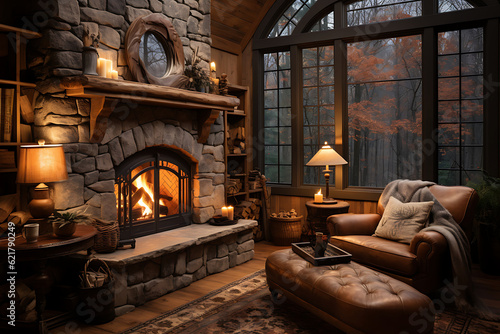 A cozy living room with fireplace on the background of a mountain landscape AI Generative