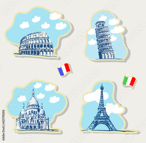 Travel, stickers, Europe, Pisa, Paris , tourism , seaside, Italy, France,  sticker set ,architectural monument	