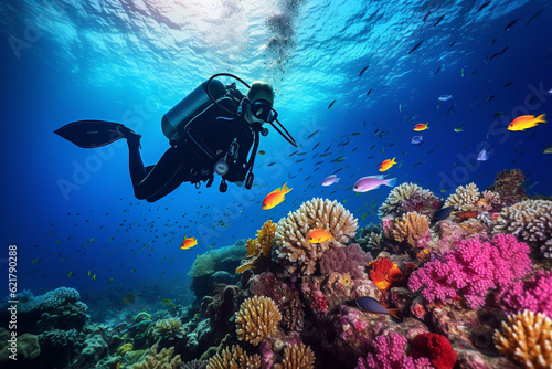 Wallpaper Mural Scuba diving man exploring a breathtaking coral reef teeming with vibrant marine life, offering a captivating glimpse into the rich biodiversity and beauty of the ocean. Ai generated Torontodigital.ca