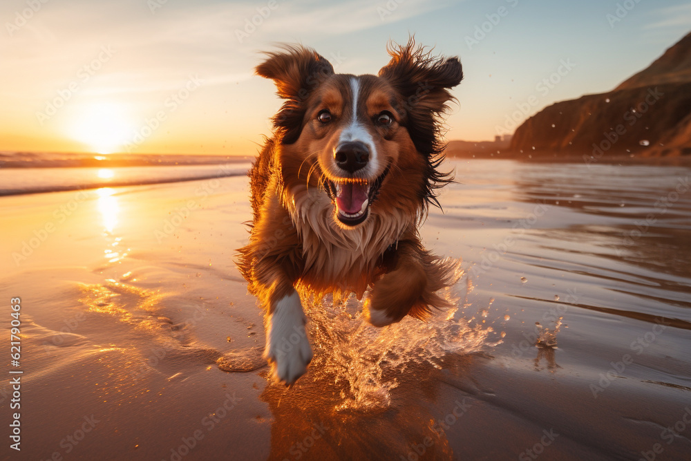 Wet dog running freely on a beach during a mesmerizing sunset. playful spirit of our furry friends as they revel in the refreshing waters and golden hues of a sunset. Ai generated Wet dog running freely on a beach during a mesmerizing sunset. playful spirit of our furry friends as they revel in the refreshing waters and golden hues of a sunset. Ai generated