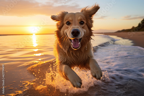 Wet dog running freely on a beach during a mesmerizing sunset. playful spirit of our furry friends as they revel in the refreshing waters and golden hues of a sunset. Ai generated