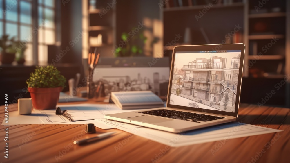 Workplace of an architect, interior designer, engineer. Laptop with a project on the monitor, blueprints, drawing tools and home decor on the table. Remote work concept. Mockup, 3D illustration. Workplace of an architect, interior designer, engineer. Laptop with a project on the monitor, blueprints, drawing tools and home decor on the table. Remote work concept. Mockup, 3D illustration.