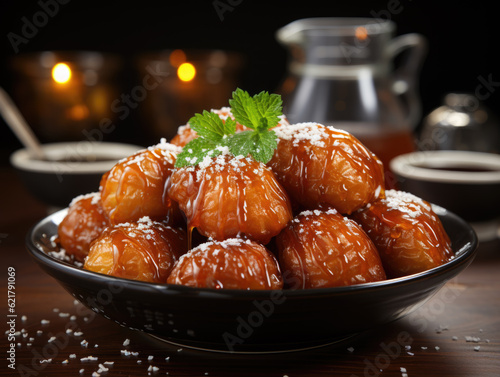 A popular Middle Eastern dessert of small dough balls, Luqaimat or Lokma, freshly fried and piled high, then coated in sugar or honey syrup. Generative AI.. photo