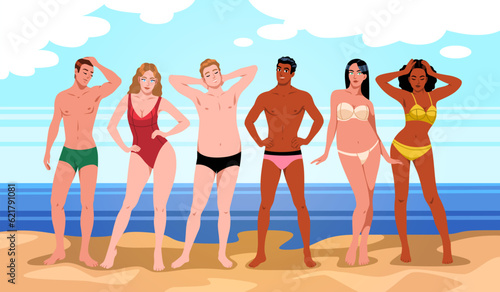Cartoon beach people group. Summer sea vacationers, happy guys and girls in swimsuits on seashore, friends relax and sunbathe, travel on tropical resort isolated tidy vector concept