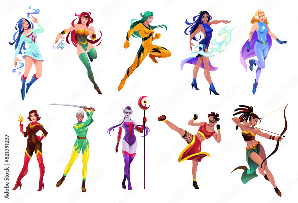 Female superheroes characters. Heroes mascots in different costumes, strong amazing women, super girls with various skills. Powerful lady cartoon flat isolated illustration tidy vector set - obrazy, fototapety, plakaty 