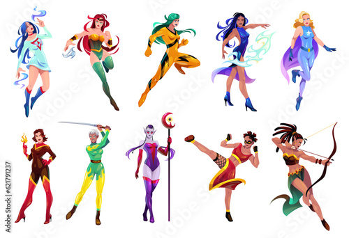 Female superheroes characters. Heroes mascots in different costumes, strong amazing women, super girls with various skills. Powerful lady cartoon flat isolated illustration tidy vector set
