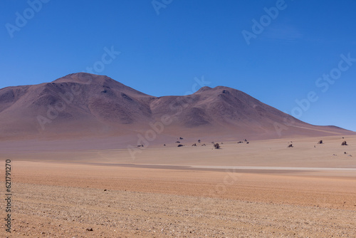 Picturesque Salvador Dali Desert, just one natural sight while traveling the scenic lagoon route through the Bolivian Altiplano in South America 