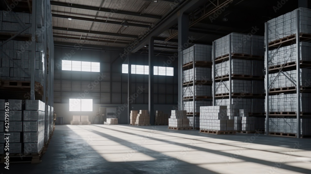 Large industrial warehouse. High racks filled with boxes and containers. Boxes on pallets in the loading area. Daylight fills the room through the windows. Global logistics concept. 3D illustration.