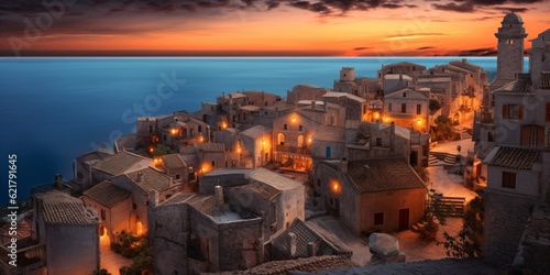 mediterranean landscape with ocean and sunset sky  beautiful island with a ancient village  fictional landscape created with generative ai