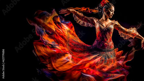 flamenco dancing sensual woman in a red dress on black background, made with Generative AI