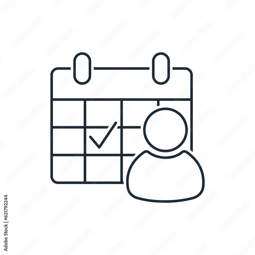 Person sign on the background of a calendar with a check mark. Personal day. Vector linear icon isolated on white background.