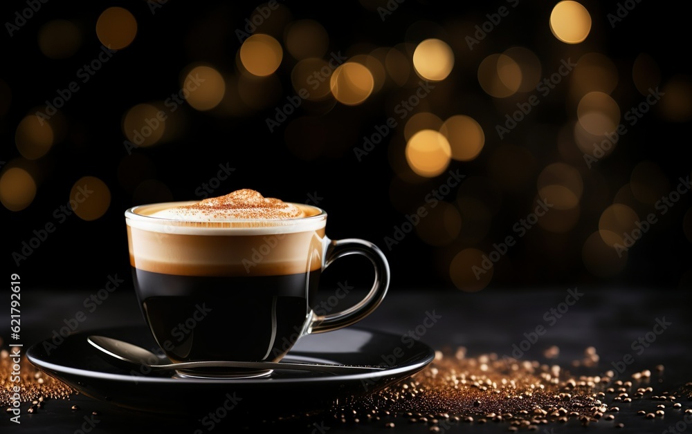 Obraz premium black cup of latte coffee on a plate, blurred sparkling dark background with beautiful bokeh, festive atmosphere, cinnamon powder and glitter on the table