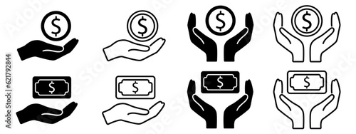 Set of icons of money in hands. Vector icons of money in the palms on an isolated background. Vector EPS 10