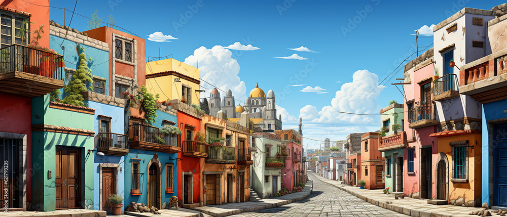 Mexikanisches Stadtbild: Eine niedliche Cartoon-Darstellung bunter Gebäude