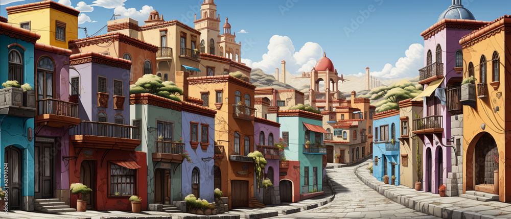 Lebendige Kultur: Eine farbenfrohe Häuserreihe in einer mexikanischen Stadt