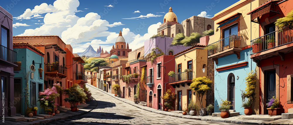 Buntes Stadtpanorama: Eine niedliche Cartoon-Szene mit mexikanischen Stadtgebäuden