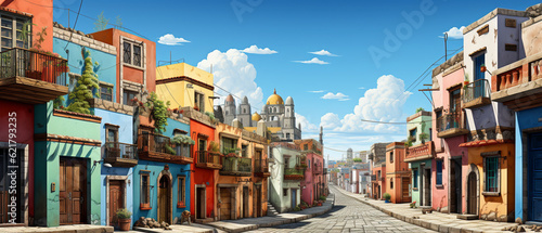 Mexikanisches Stadtbild  Eine niedliche Cartoon-Darstellung bunter Geb  ude